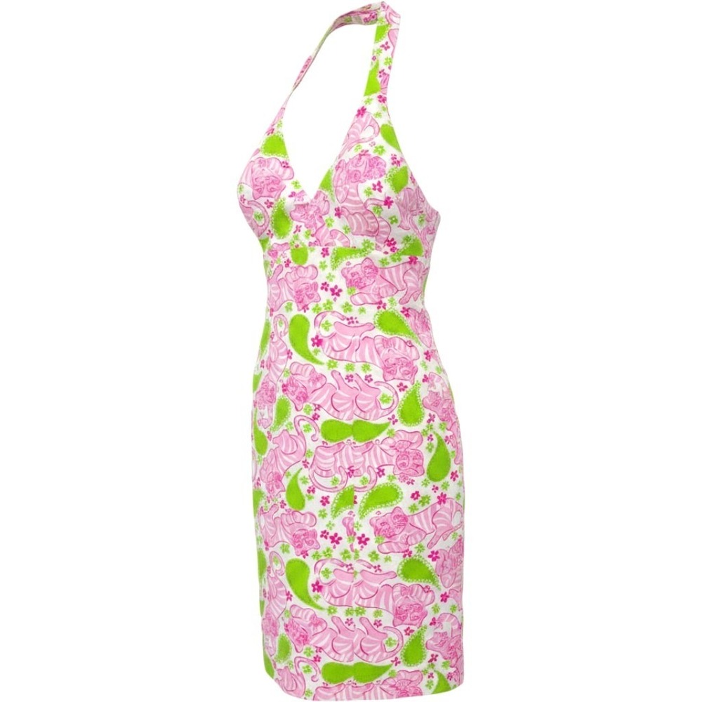 Lilly Pulitzer Halter Dress Pink Green‎ Tiger Paisley Floral Womens 4 Pink